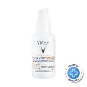 VICHY CAPITAL SOLEIL UV-AGE Tonirani dnevni fluid na vodni osnovi za zaščito pred soncem proti prvim znakom fotostaranja SPF50+, 40 ml