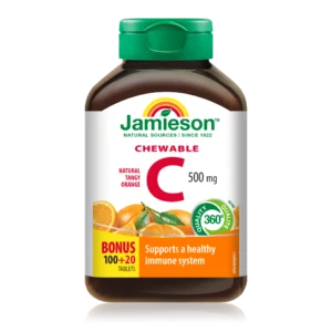 Jamieson Vitamin C 500 mg, 120 žvečljivih tablet z naravnim okusom pomaranče, s sladkorjem in sladilom