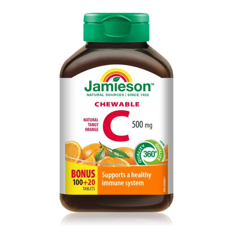 Jamieson Vitamin C 500 mg, 120 žvečljivih tablet z naravnim okusom pomaranče, s sladkorjem in sladilom