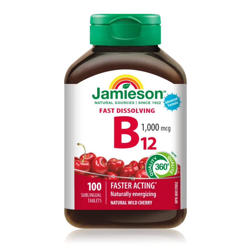 Jamieson Vitamin B12 1000 µg z okusom češnje, 100 podjezičnih tablet s sladili