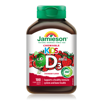 Jamieson Vitamin D3, 100 žvečljivih tablet za otroke z naravnim okusom jagode, s sladkorjem in sladilom