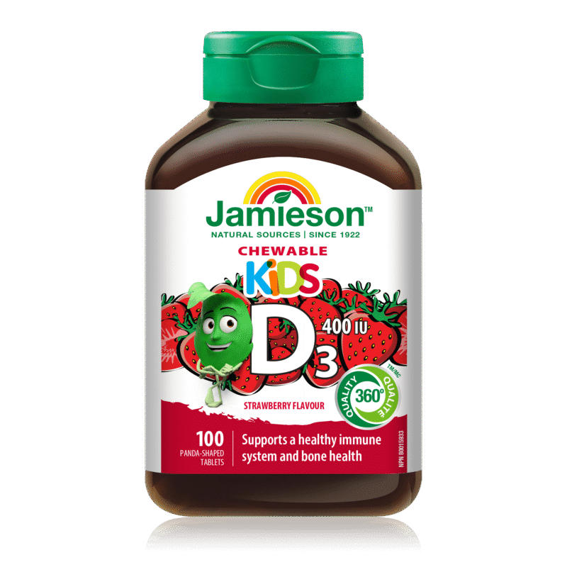 Jamieson Vitamin D3, 100 žvečljivih tablet za otroke z naravnim okusom jagode, s sladkorjem in sladilom