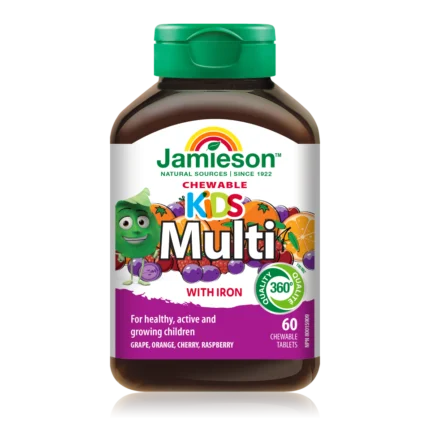 Jamieson Multivitamini in minerali za otroke, 60 žvečljivih tablet v obliki leva, slona, povodnega konja in opice, s sladkorjem in sladili