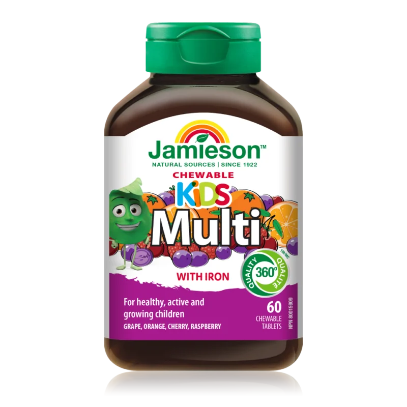 Jamieson Multivitamini in minerali za otroke, 60 žvečljivih tablet v obliki leva, slona, povodnega konja in opice, s sladkorjem in sladili