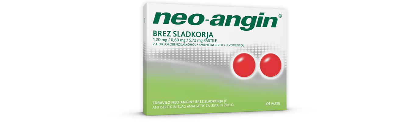Neo-angin brez sladkorja 1,20 mg/0,60 mg/5,72 mg pastile, 24 pastil