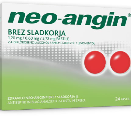 Neo-angin brez sladkorja 1,20 mg/0,60 mg/5,72 mg pastile, 24 pastil